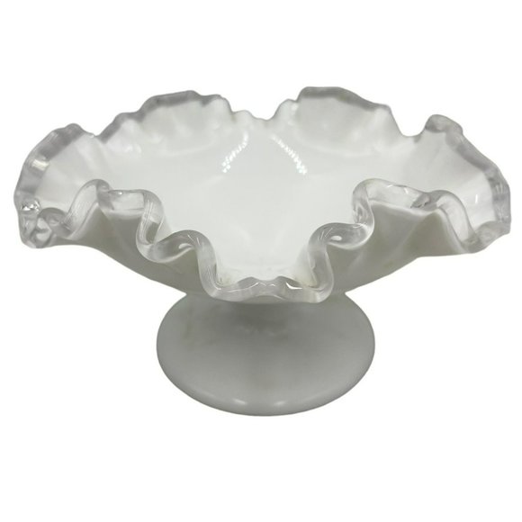 Vtg Fenton Silvercrest Milk Glass Pedestal Crimpled Ruffled Edge Compote Dish - Picture 1 of 7